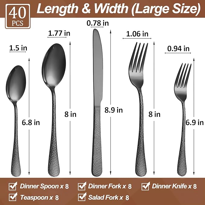 40 Pcs Black Silverware Set for 8 with Hammered Design, Food Grade Stainless Steel Flatware Set, Eating Utensils Sets Include Fork/Knife/Spoon, Cutlery Set, Dishwasher Safe-Ruum Studio Home