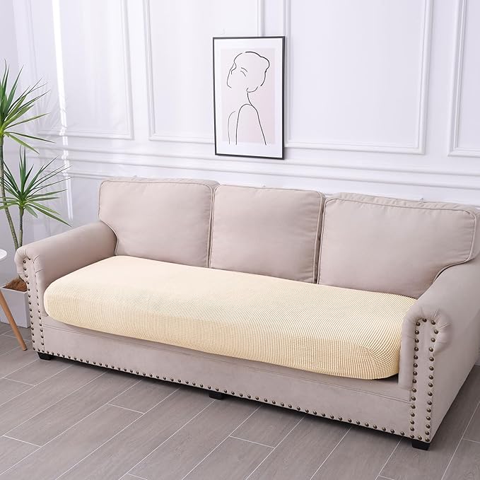 hyha Waterproof Couch Cushion Covers for Pets, Non Slip Sofa Seat Cover for Dogs Washable, Soft Thick Stretch Jacquard Fabric, Sofa Slipcovers with Elastic Bottom (1 Piece for Large, Beige)-Ruum Studio Home