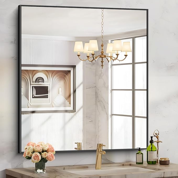 Black Bathroom Mirror for Wall, 36x40 Inch Rectangle Mirrors with Metal Frame, Modern Rectangular Wall Mirror for Bathroom Living Room, Entryway Hangs Horizontal or Vertical-Ruum Studio Home