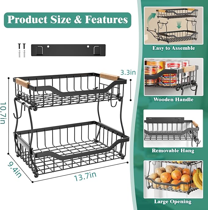 Giwil 2 Tier Countertop Fruit Basket for Kitchen, Vegetable Storage Bread Fruit Bowl Stand with 2 Banana Hangers, Wall Mounted Metal Wire Basket Organizer for Potato Onion, Black-Ruum Studio Home