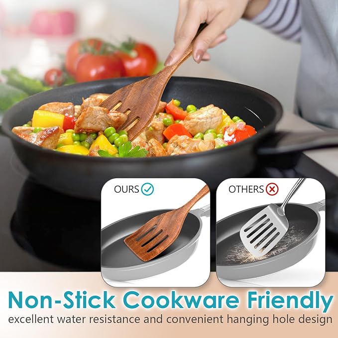 Wooden Spoons for Cooking, Acacia Wood Cooking Utensils Set – 11 Piece Wooden Kitchen Tools with Holder, Spoon Rest, Nonstick Cookware Safe by HOWHONG-Ruum Studio Home