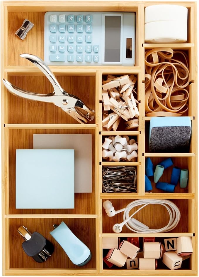 Juvale Drawer Organizer Tray - 14 x 10 x 2 In Brown Bamboo - 8 Adjustable Dividers for Custom Storage - Silverware & Utensil Organizer - Desk Drawer Divider - Versatile Wooden Divided Tray-Ruum Studio Home