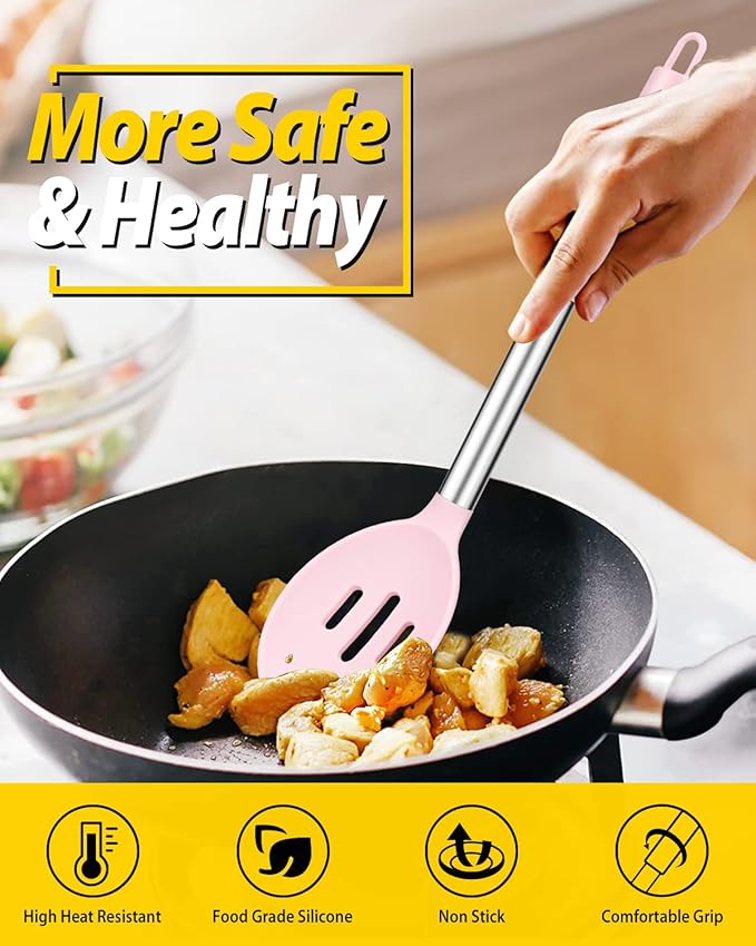 Pack of 2 Large Silicone Cooking Spoons,Non Stick Solid Basting Spoon,Heat-Resistant Kitchen Utensils for Mixing,Serving,Draining,Stirring (PINK)-Ruum Studio Home