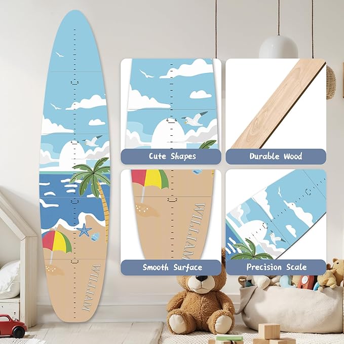 Personalized Name Growth Chart, Surfboard Children's Height Growth Chart Wall Board, Stereoscopic Height Ruler, Precision Height Measuring Instrument for Nursery Room, Includes Tools-Ruum Studio Home