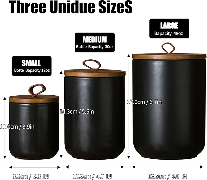JOJUNO Black Ceramic Canister Set with Wooden Lid, 3-Piece Airtight Food Storage Jars for Kitchen Counter - Flour, Sugar, Coffee, Tea, Spice - Small, Medium, Large Sizes-Ruum Studio Home