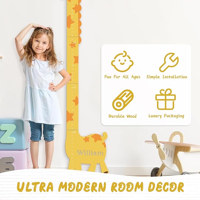 Personalized Name Growth Chart for Kids, Giraffe Height Chart for Boy Girls, Measuring Board for Kids Height, Patchwork Wooden Height Chart Measuring Board, Nursery Growth Chart Ruler-Ruum Studio Home