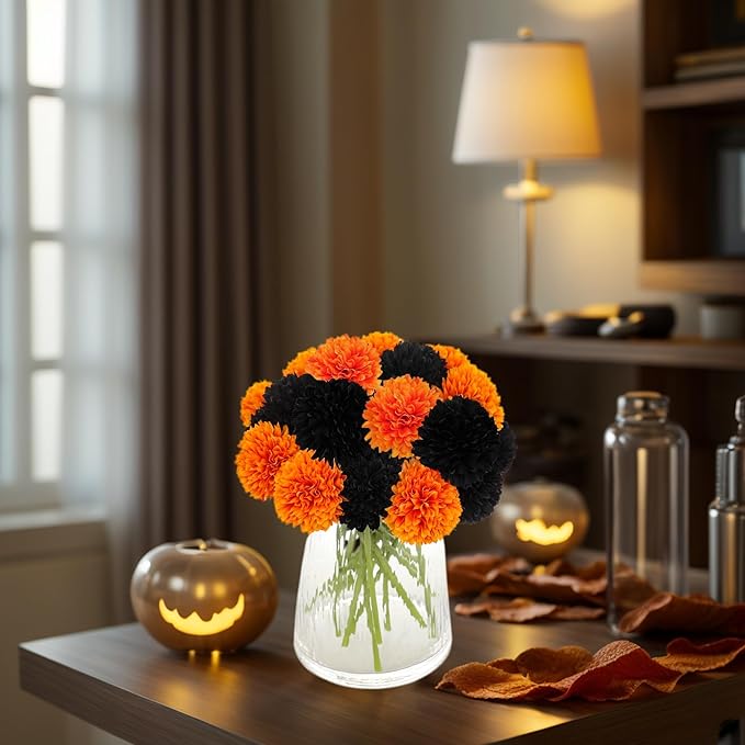 Kimura's Cabin 20Pcs Faux Mums Flowers Fake Chrysanthemum Artificial Silk Ball Flowers for Halloween Garden Home Kitchen Table DIY Decoration Center Fall Bouquets (Orange Black)-Ruum Studio Home