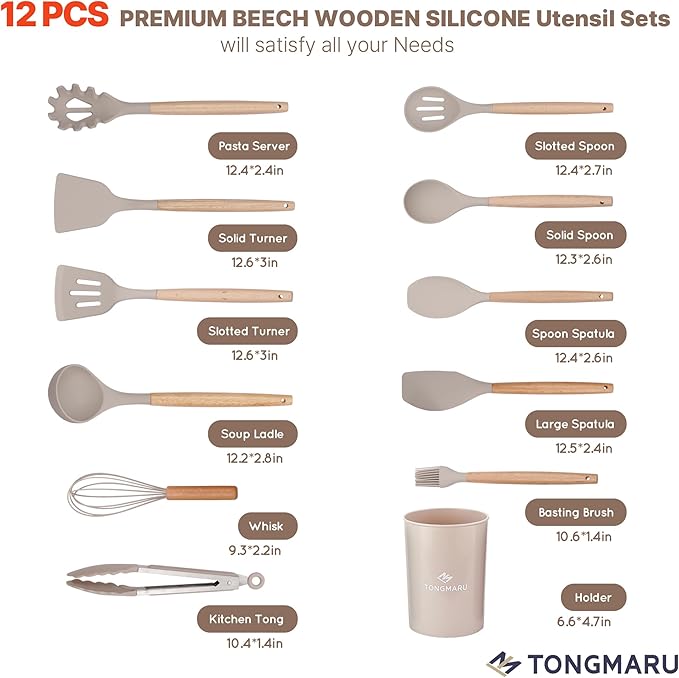 Silicone Cooking Utensils Set, Premium Beech Wood Handle Kitchen Gadgets Utensil Set, Non-Stick Kitchen Utensils Spatula, Tongs, Turner, Whisk, Brush, Spoon, BPA FREE, 446°F Resistant (Khaki)-Ruum Studio Home