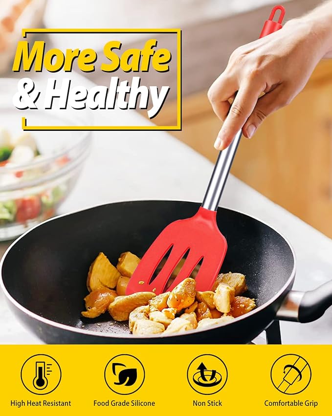 Pack of 2 Silicone Solid Turner, Non Stick Slotted Kitchen Spatulas, High Heat Resistant BPA Free Cooking Utensils, Ideal Cookware for Fish, Eggs, Pancakes(Red)-Ruum Studio Home