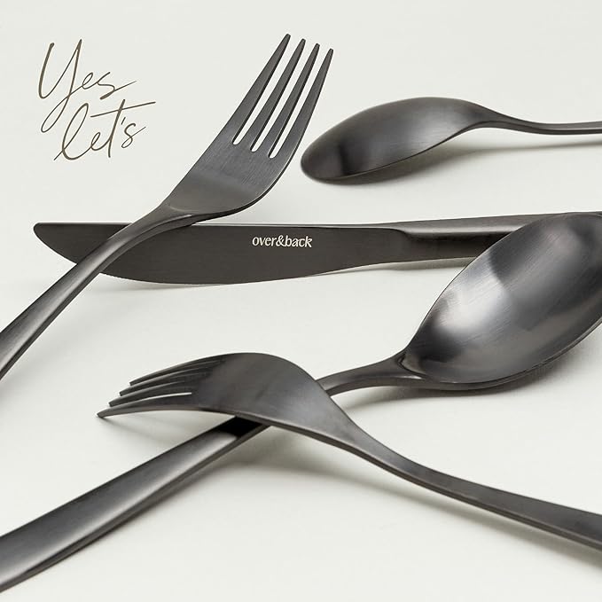 over&back 20pc Curved Flatware Cutlery Set - Comes with 4 Dinner Forks, 4 Salad Forks, 4 Dinner Knives, 4 Dinner Spoons, and 4 Teaspoons - 18/8 Stainless Steel - Dishwasher-Safe - Matte Black-Ruum Studio Home