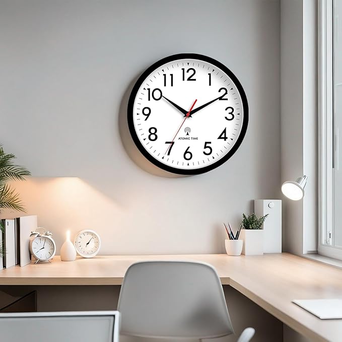 Atomic Wall Clock Analog 10 Inch Battery Operated Modern Decorative for Living Room Kitchen Office Bedroom Bathroom(Black)-Ruum Studio Home