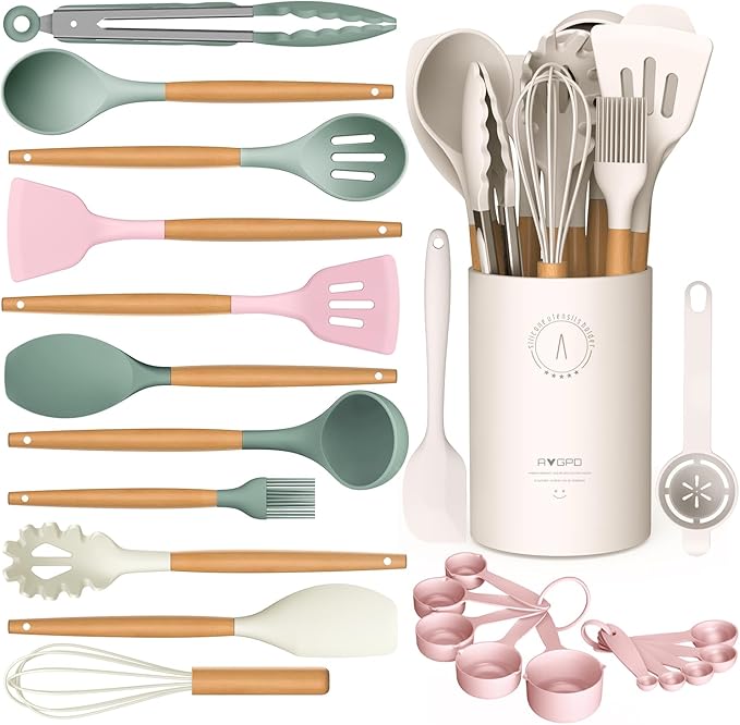Silicone Cooking Utensils Set - Silicone Kitchen Utensils for Cooking Wooden Handles, 446°F Heat Resistant Kitchen Utensil Spatula Sets w Holder, Gadgets for Non-Stick Cookware BPA FREE (Multicolour)-Ruum Studio Home