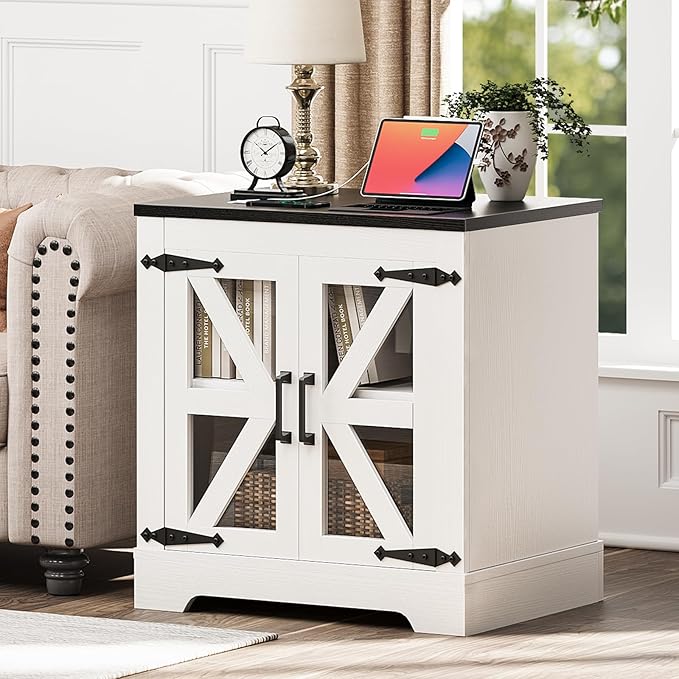 Farmhouse Side Table with Storage Cabinet, End Table with Adjustable Shelf, Large Night Stand, Wood Nightstand with Charging Station, 24" End Tables Living Room, Rustic Bed Side Tables Bedroom-Ruum Studio Home