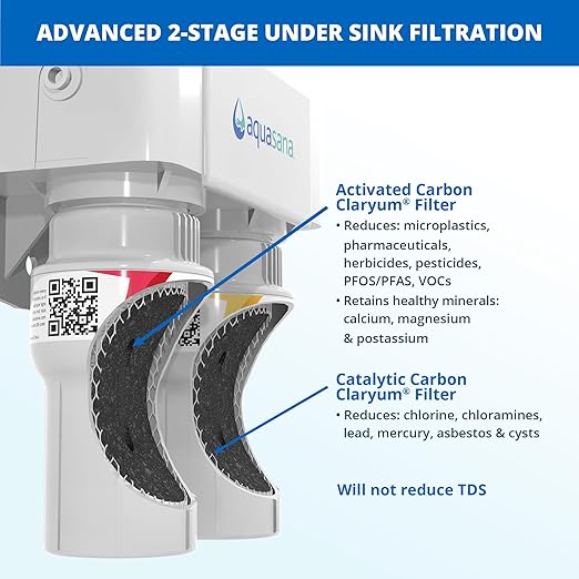 Aquasana Under Sink Water Filter System - Reduces PFAS, Lead, & Chlorine in Drinking Water - Under Counter Claryum Filtration for Kitchen - 2-Stage - Brushed Nickel Faucet - AQ-5200.55-Ruum Studio Home