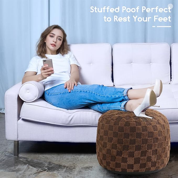 HIGOGOGO Round Stuffed Pouf Ottoman, Plaid Poufs with Foam Chunk Filling, Fluffy and Furry Pouf Foot Stool Storage Ottoman, 20 X 15 Floor Poufs Foot Rest for Living Room, Coffee-Ruum Studio Home
