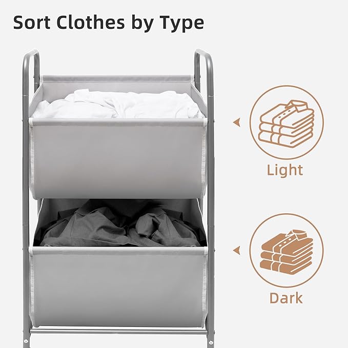 STORAGE MANIAC 80 Liters Vertical Rolling Laundry Hamper, 2 Section Laundry Sorter with Wheels and 2 Breaks, 2-tier Laundry Baskets for Small Space, Dorm, Laundry Room, Closet, Bathroom, Gray 2-tier-Ruum Studio Home