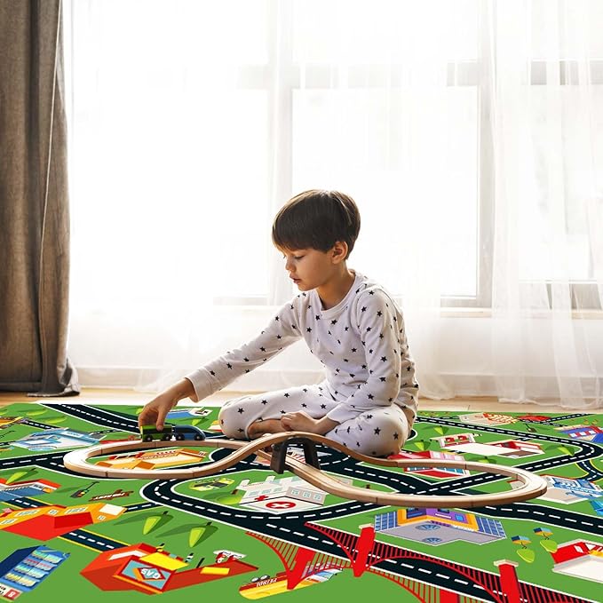 Kids Rug Car Rugs for Kids Toy Cars Play Mat with Rubber Backing City Life Road Rug for Cars Fun City Map for Carpet for Bedroom Boys (RED-Rug, 6.6x9.8ft)-Ruum Studio Home