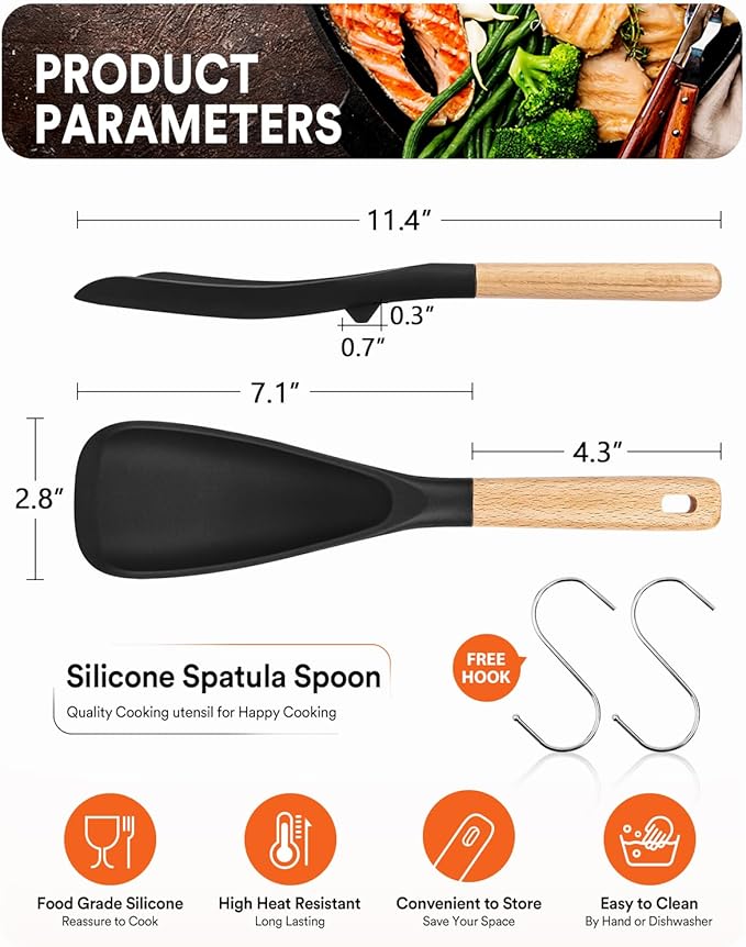 Cooking Spoon for Nonstick Cookwares, Great for Cooking and Serving Sturdy BPA-Free Matte Silicone, Wood Handle Spoon for Mixing, Scoop, and Scrape (2 Pack of Black, 11.4 inch)-Ruum Studio Home