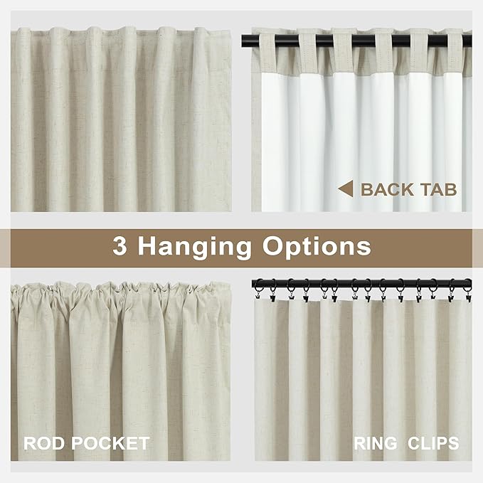 DANCURTON Living Room Black Out Curtains 63 Inch Long Boho Linen Blackout Insulated Thermal Room Darkening Kitchen Drapes for Nursery Kids Home Office Energy Saving Noise Reducing Back Tab Beige 52x63