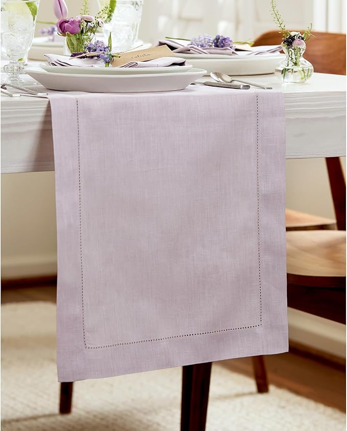 Solino Home Linen Lilac Table Runner 90 Inches Long - 100% Pure Linen Hemstitch 14 x 90 Inch Table Runner for Dining - Classic Hemstitch