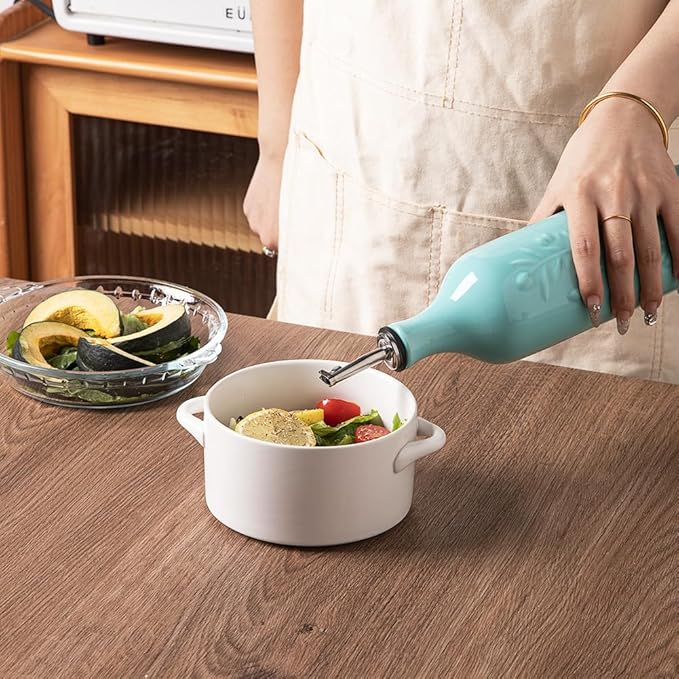 Sweejar Large Olive Oil Dispenser Bottle with Spout, 24 Oz Ceramic Oil Dispenser for Kitchen, Relief Opaque Oil Cruet, Oil Container for Cooking, EVOO, Avocado Oil, Vinegar, Pack of 1(Turquoise)-Ruum Studio Home