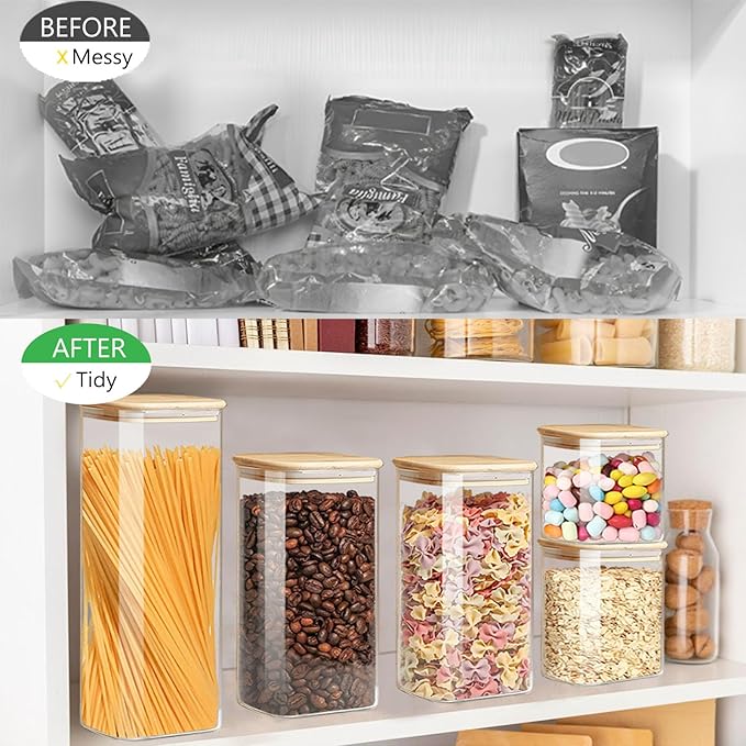 Food Storage Containers with Airtight Bamboo Lids Set of 5, Glass Canisters with Airtight Lids, Glass Food Storage Containers for Pasta, Oats, Coffee, Flour, Sugar, Best for Kitchen, Square-Ruum Studio Home