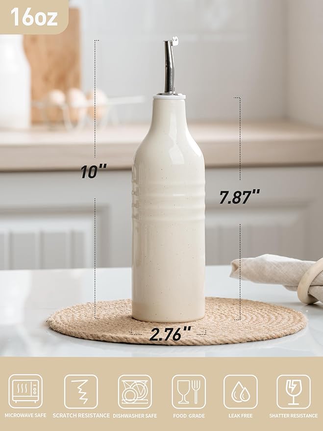 famiware Jupiter 16oz Ceramic Olive Oil Dispenser Bottle, 1 Piece Oil Dispenser for Kitchen with Stainless Steel Pourers, Suitable for Storage Vinegar, Soy Sauce, Coffee Syrup, Vanilla White-Ruum Studio Home