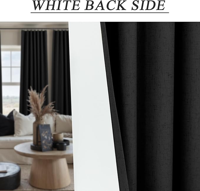 Black Linen Blackout Curtains for Living Room 96 Inches Long 2 Panels Set Back Tab Pleated Textured Thick Drapes Thermal Curtain for Summer Heat Floor Length Bedroom Black Out Curtain Modern Farmhouse