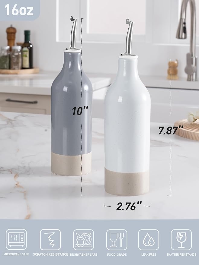 famiware Milkyway 16oz Ceramic Olive Oil Dispenser Bottle, Olive Oil and Vinegar Dispenser Bottle Set of 2 with Stainless Steel Pourers, Suitable for Storage Vinegar, Liquids, Light Gray and Dark Gray-Ruum Studio Home