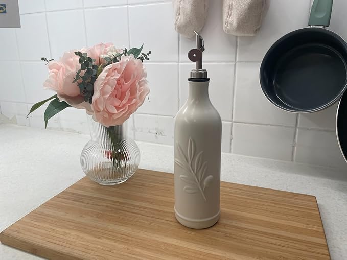 20 Oz Ceramic Olive Oil Dispenser Bottle, with Stainless Steel Spout & Funnel, Ideal for Oil, Vinegar, Coffee Syrup & Liquids (White)-Ruum Studio Home