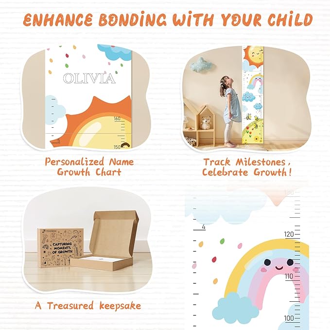 Personalized Name Growth Chart for Wall, Sun Rainbow Height Chart for Kids, No-Drill Growth Chart for Wall, Perfect as Kids Room Decor & Thoughtful Birthday Gift for Boys and Girls-Ruum Studio Home