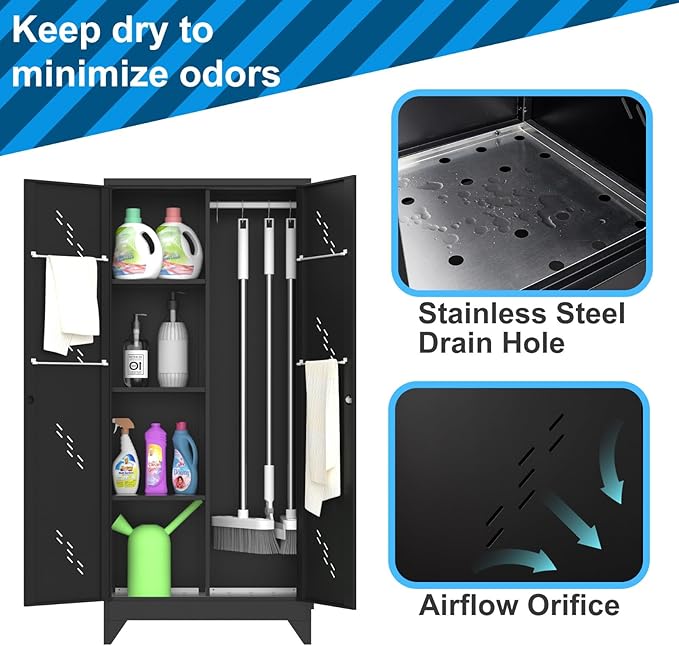 71" Broom Closet Cabinet with Hanging Rod, Tall Black Metal Storage Cabinet for Bathroom, Utility Room, and Garage-Ruum Studio Home