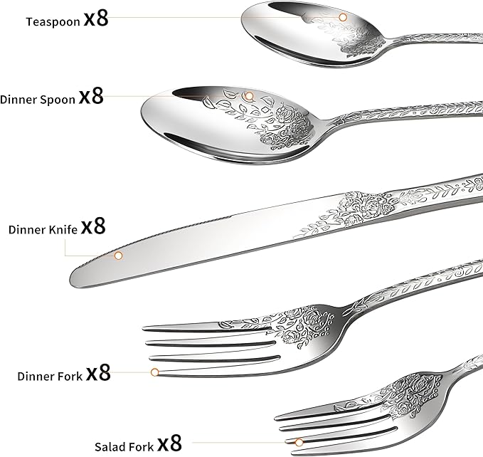 Floral 40 Pcs Silverware Set for 8, Food Grade Stainless Steel Flatware Set with Rose Flower Embossed Design, Eating Utensils Sets Include Fork/Knife/Spoon, Reusable Cutlery Set, Dishwasher Safe-Ruum Studio Home