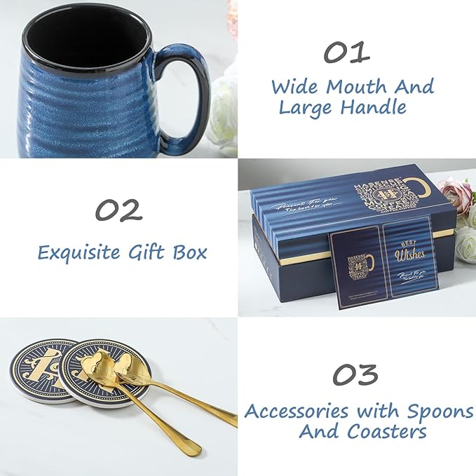 Hasense Coffee Mugs, 15 Ounce Porcelain Mugs Set of 2 with Handle for Morning Coffee Tea and Cocoa, Ceramic Coffee Cups Gift Box with Beautiful Glaze Coasters Spoons for Men and Women, Navy-Ruum Studio Home
