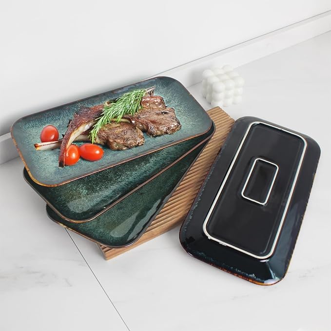 Ceramic Serving Dinner Plate Set, 4-Piece for Main Meals, Tacos, Lunches, Snack, Platters - Microwave and Dishwasher Safe, Scratch Resistant, Kitchen Serving Dinnerware, Black 12.4 Inch-Ruum Studio Home