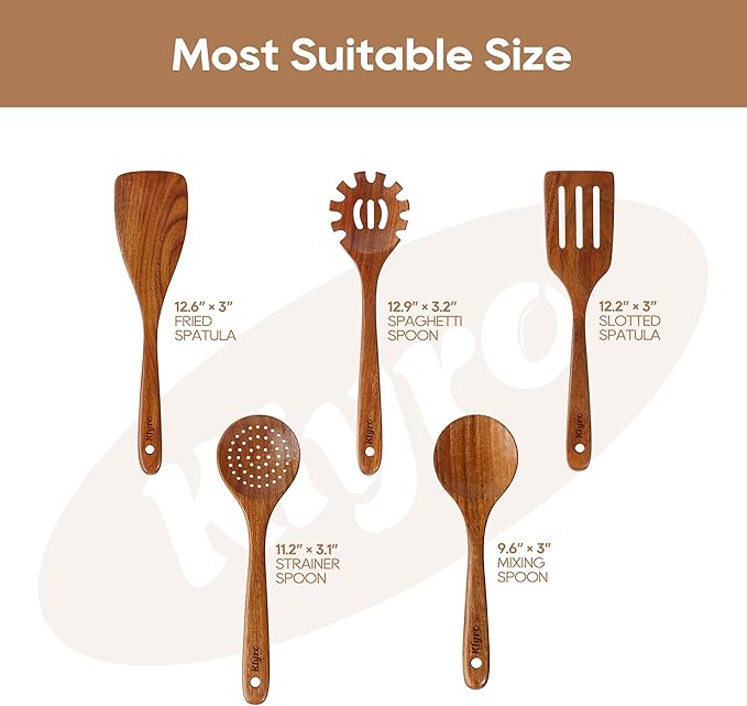 Teak Kitchen Utensils Set, 5 Piece Premium Wooden Cooking Utensils Set, Non-Stick Heat-Resistant Wooden Spoons for Cooking, New Apartment Essentials-Ruum Studio Home