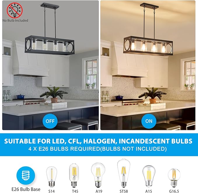 XINGQI Black Kitchen Island Light Fixtures Over Table, 31.5" Rectangular Linear Chandeliers Farmhouse Dining Room Pendant Ceiling 4-Light with Glass Lampshade for Living Room Bar Office