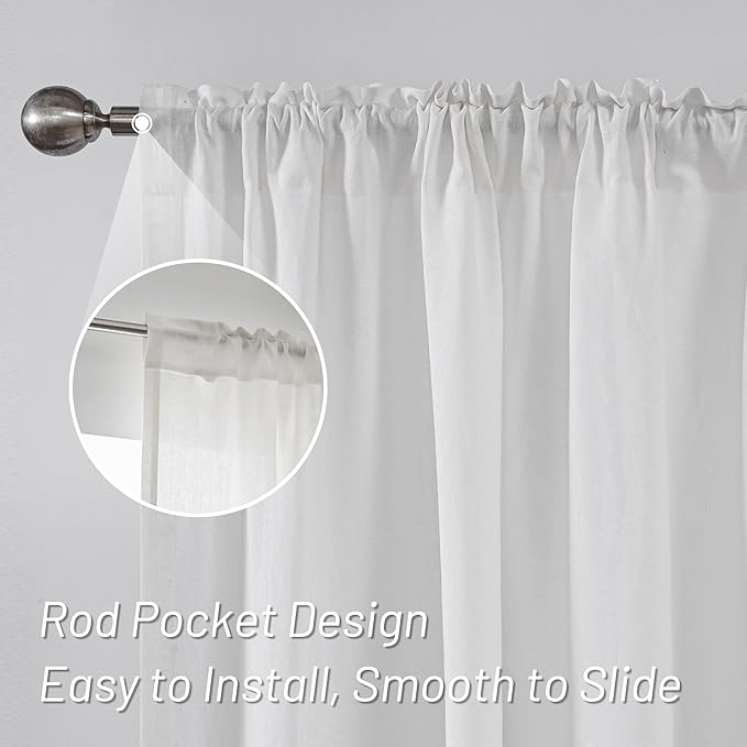 MYSKY HOME White Linen Curtains for Living Room, 100% Linen Natural Semi Sheer Curtains & Drapes 84 inches Length 2 Panels Farmhouse Country Light Filtering Bedroom Window Rod Pocket, 50" Wide, White-Ruum Studio Home