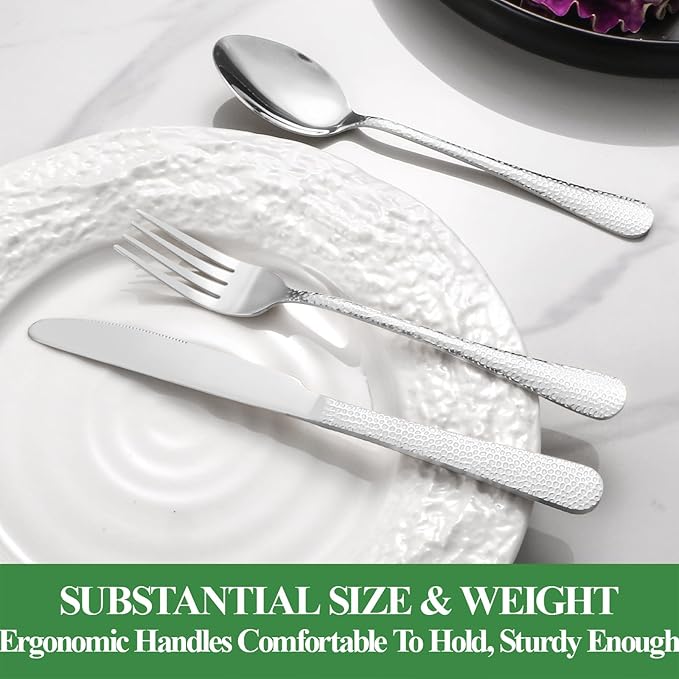 20 Pcs Silverware Set for 4 with Hammered Design, Food Grade Stainless Steel Flatware Set, Eating Utensils Sets Include Fork/Knife/Spoon, Reusable Cutlery Set, Dishwasher Safe-Ruum Studio Home
