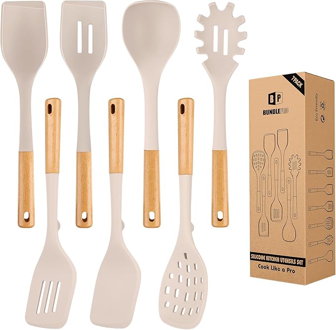 Silicone Kitchen Utensil Set for Non Stick Cookware, 7 Pcs Heat Resistant Cooking Utensils with Wooden Handle, BPA Free Kitchen Tools with Spatulas, Spoons, Skimmer and Pasta Fork (KHAKI)-Ruum Studio Home