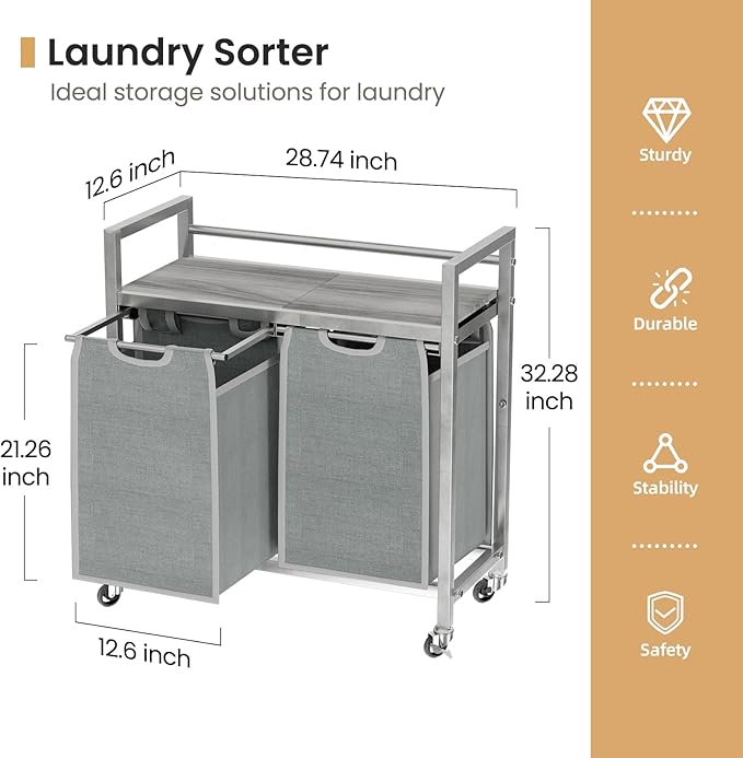 Laundry Hamper, Laundry Basket, Laundry Sorter with 3 Removable Bags, Clothes Basket with 3 Compartments, Wheels, Shelf for Laundry Room Bathroom Bedroom (2 Bags-Gray)-Ruum Studio Home