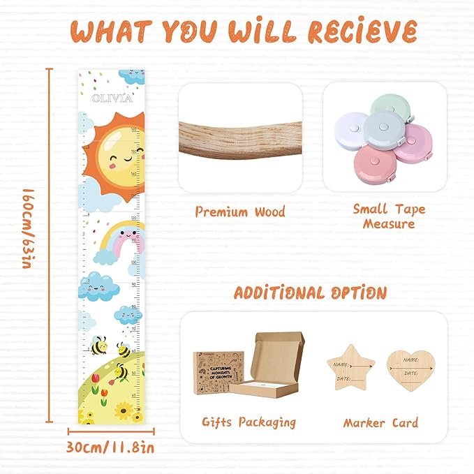 Personalized Name Growth Chart for Wall, Sun Rainbow Height Chart for Kids, No-Drill Growth Chart for Wall, Perfect as Kids Room Decor & Thoughtful Birthday Gift for Boys and Girls-Ruum Studio Home