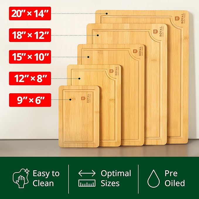 ROYAL CRAFT WOOD Wooden Serving Boards for Kitchen Meal Prep&Bamboo Wood Cutting Board Set with Deep Juice Groove Side Handles-Charcuterie & Chopping Butcher Block for Meat-Kitchen Gadgets Gift (5Pcs)-Ruum Studio Home