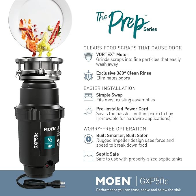 Moen Prep Series PRO Continuous Feed Compact Garbage Disposal for Kitchen Sink with Power Cord, GXP50C-Ruum Studio Home