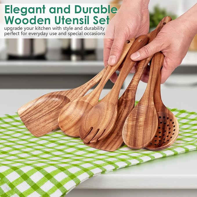 Wooden Spoons for Cooking 6 Piece - Natural Teak Wood Kitchen Utensils Set - Smooth Finish Soft Comfort-Grip Safe for Nonstick By HOWHONG-Ruum Studio Home