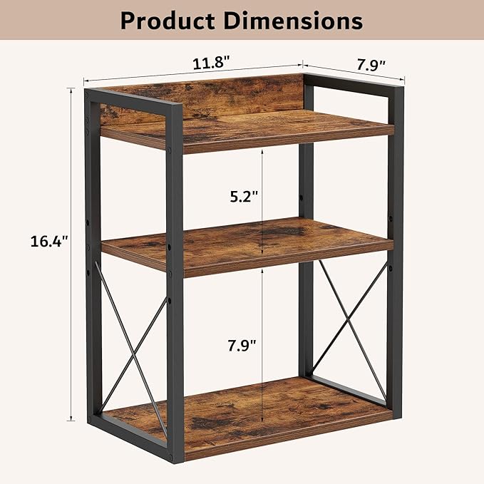 3-Tier Kitchen Spice Rack Organizer for Countertop, Coffee Counter Shelf, Mug Shelf, Bathroom Counter Organizer, Makeup Organizer, Rustic Brown and Black-Ruum Studio Home