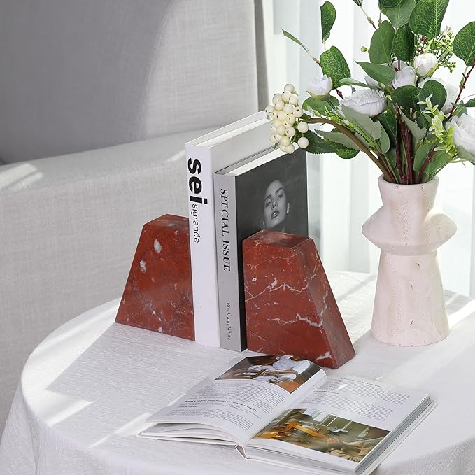 Marble Bookend for Heavy Books, Decorative Bookends for Shelves, 7.5LB Durable and Heavy-Duty Book End for Hardback Book & CDS, Unique Book Stopper & Holder, Rosso Francia, Set of 2-Ruum Studio Home