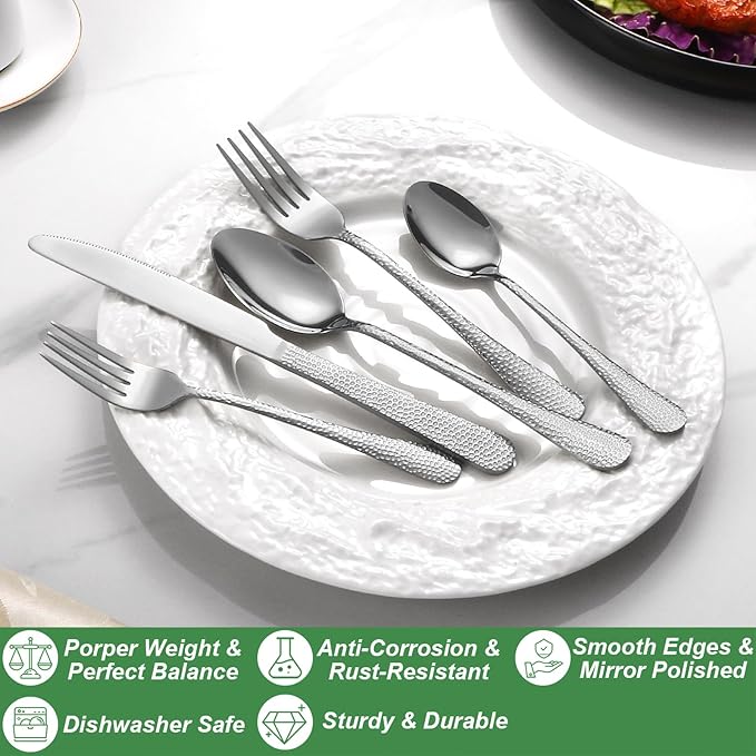 20 Pcs Silverware Set for 4 with Hammered Design, Food Grade Stainless Steel Flatware Set, Eating Utensils Sets Include Fork/Knife/Spoon, Reusable Cutlery Set, Dishwasher Safe-Ruum Studio Home