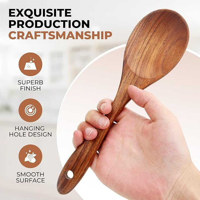 SPATUAMZ Wooden Kitchen Utensils Set, Smooth Finished Wooden Spoons for Cooking, Natural Teak Cooking Utensils Set of 9 for Nonstick Pans and Cookware-Ruum Studio Home