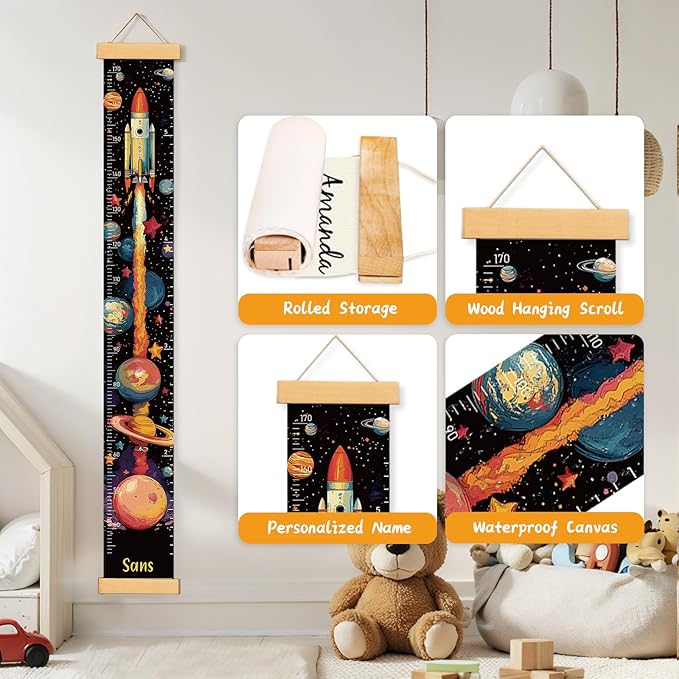 Personalized Name Growth Chart Wall Decor for Kids – Canvas Removable Height Chart Measuring Ruler 59" x 7.9" (Rocket)-Ruum Studio Home